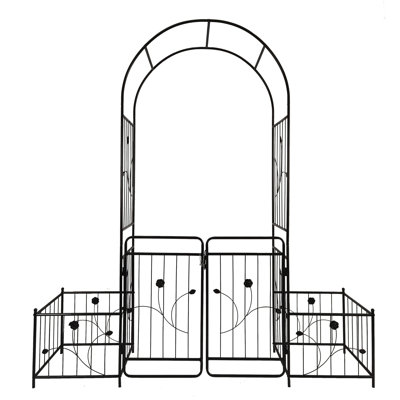Metal Garden Arch with Gate 79.5'' Wide x 86.6'' High Climbing Plants Support Rose Arch Outdoor Black