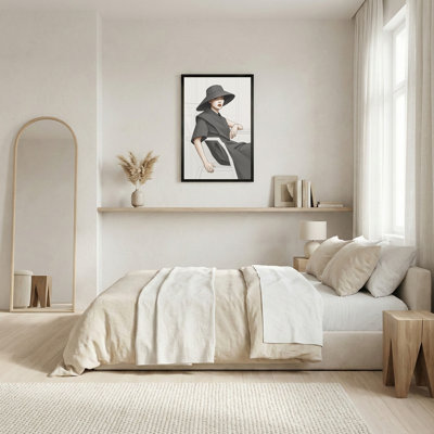 Woman In Wide Brim Hat In Grey Fashion Sketch Canvas Wall Art