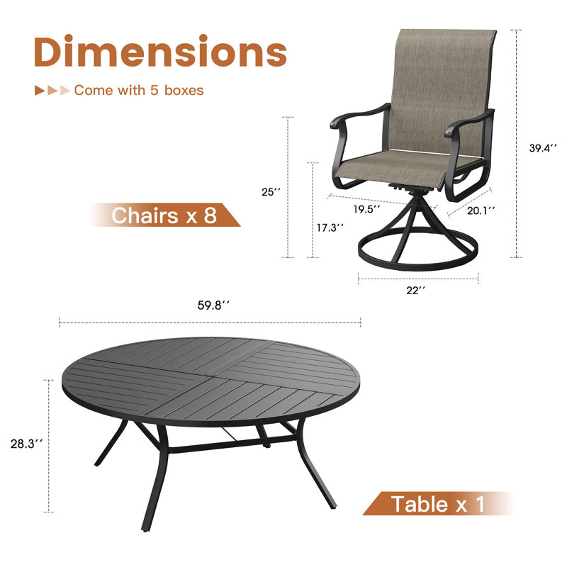 Round Outdoor Dining Set with 60" Metal Dining Table and 8 PVC-coated polyester Swivel Dining Set, Black/Brown