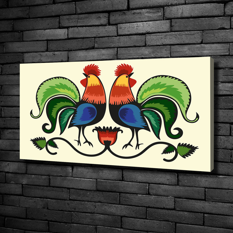 Roosters Folk Pattern - Wrapped Canvas Art Prints