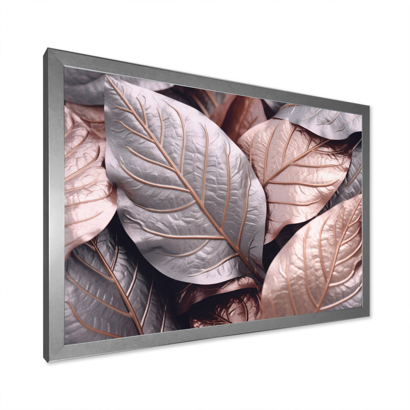 «Gold Pink Leafs Harmony I» sur toile, H 16 po x l 32 po x P 1 po, Cadre photo argenté