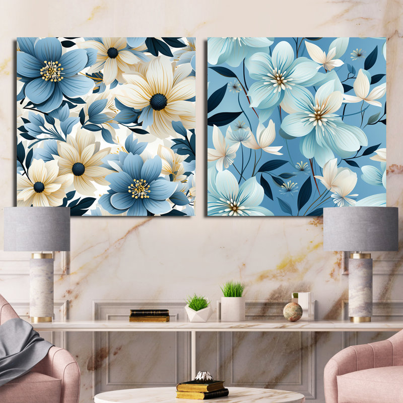 Blue Coastal Harmony, motif floral III - ensemble de 2 collages floraux carrés, H 16 po x l 33 po, Toile tendue