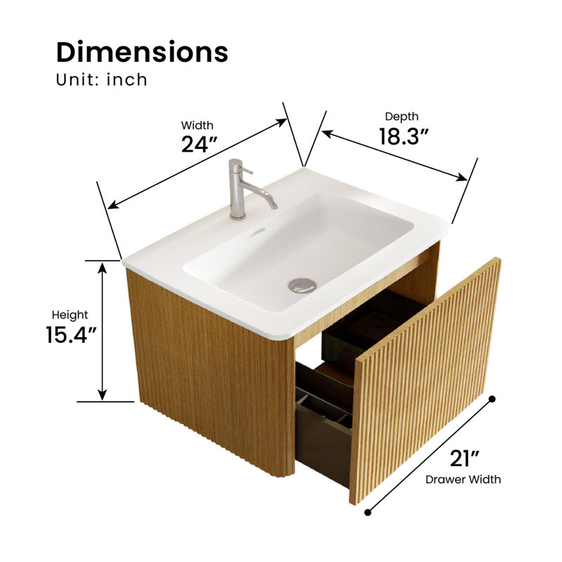 Hannemarie 24" Pre-Assembled Wall Mounted Single Bathroom Vanity with Top with Overflow, Natural Oak, 24", Matte White