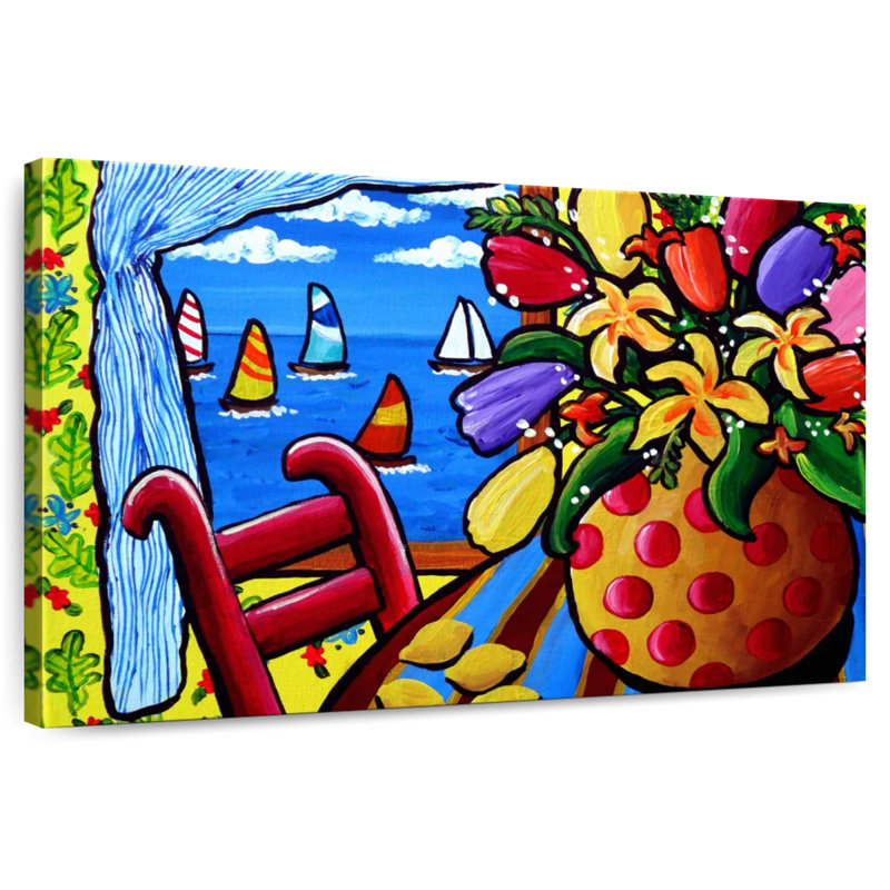 Chaise rouge Harnek avec fleurs et voiliers, H 20 po x l 30 po