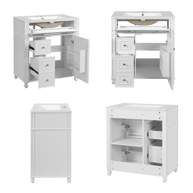 Meuble-lavabo moderne de 30 pouces d'inspiration française avec lavabo en céramique, portes à fermeture douce et organisateur de porte - blanc