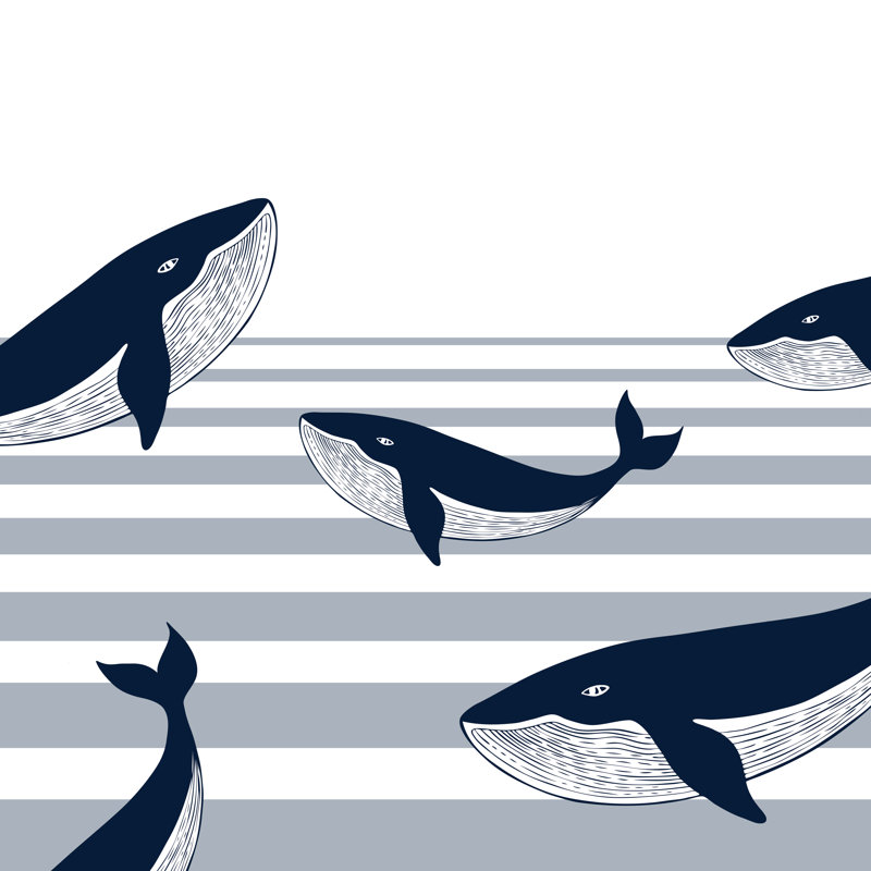 Whales On Gray Stripes - Wrapped Canvas Print, 30cm H x 30cm W x 3.8cm D