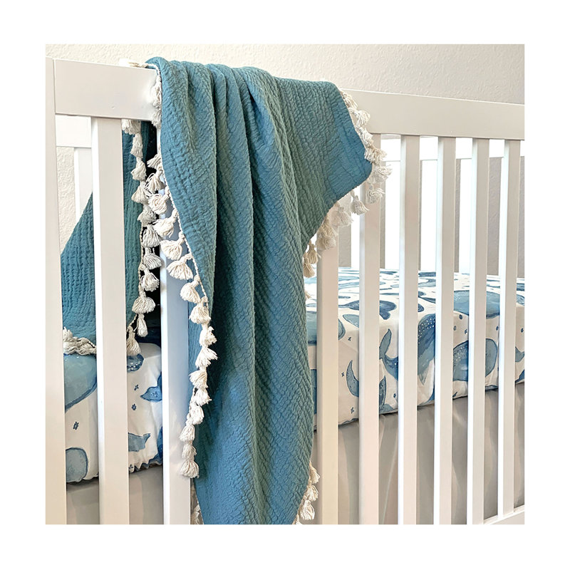 6-Layer 100% Cotton Muslin Baby Blanket, 30"x40", For Baby Nursery or Stroller by Crane Baby, Blue