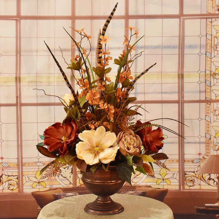 Grasses and Feathers Faux Floral Design With Burgundy Hydrangeas in Bamboo  Motif Vase 