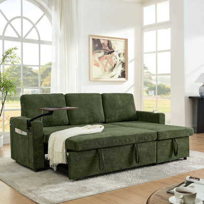 Chenille Multi - Functional Pull Out With Led Lighting, Ports, Cup Holders And A Retractable Makeup Table 3 Seat Bed Table, Lights, Charging Relaxing Seating Arrangement