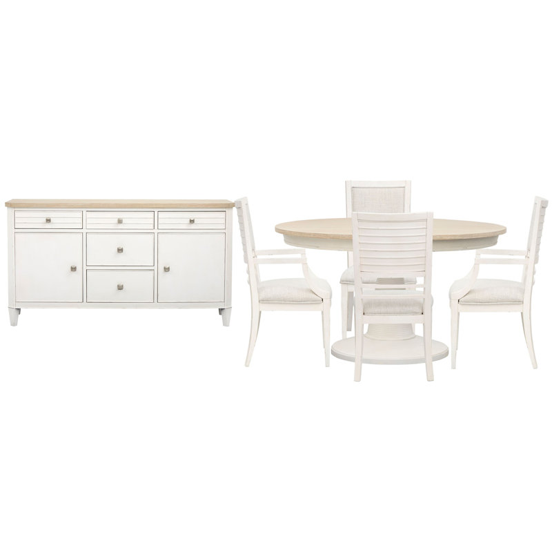 Extendable 54" Round Dining Table With 2 Side Chairs 2 Arm Chairs And Buffet, 6 Pieces: Table, 4 Chairs, Buffet