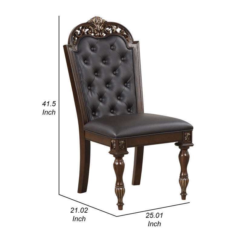 Mitch 21 Inch Tufted Dining Chairs, Carved Details, Faux Leather Seat, Brown