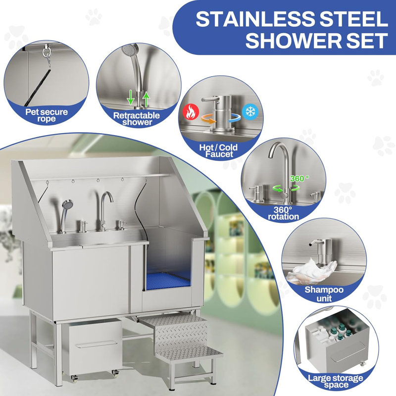 Station de lavage pour chien en acier inoxydable 50 po