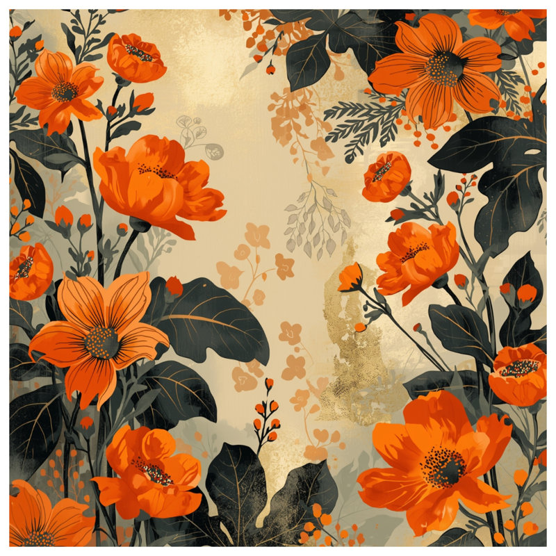 Édredon orange à motif floral, Grand lit