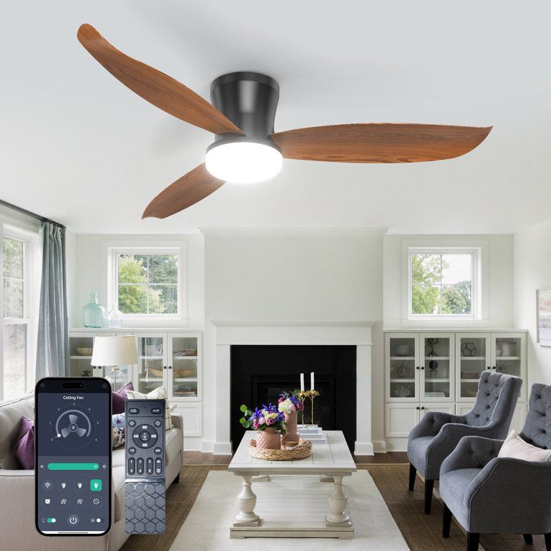 Modern Ceiling Fan with Light and Remote/App Control, 3 Color Temperatures LED, 6 Speed Quiet DC Motor, Reversible, Dimmable, Timer, Brown Blades, Black Housing, Living Room Bedroom