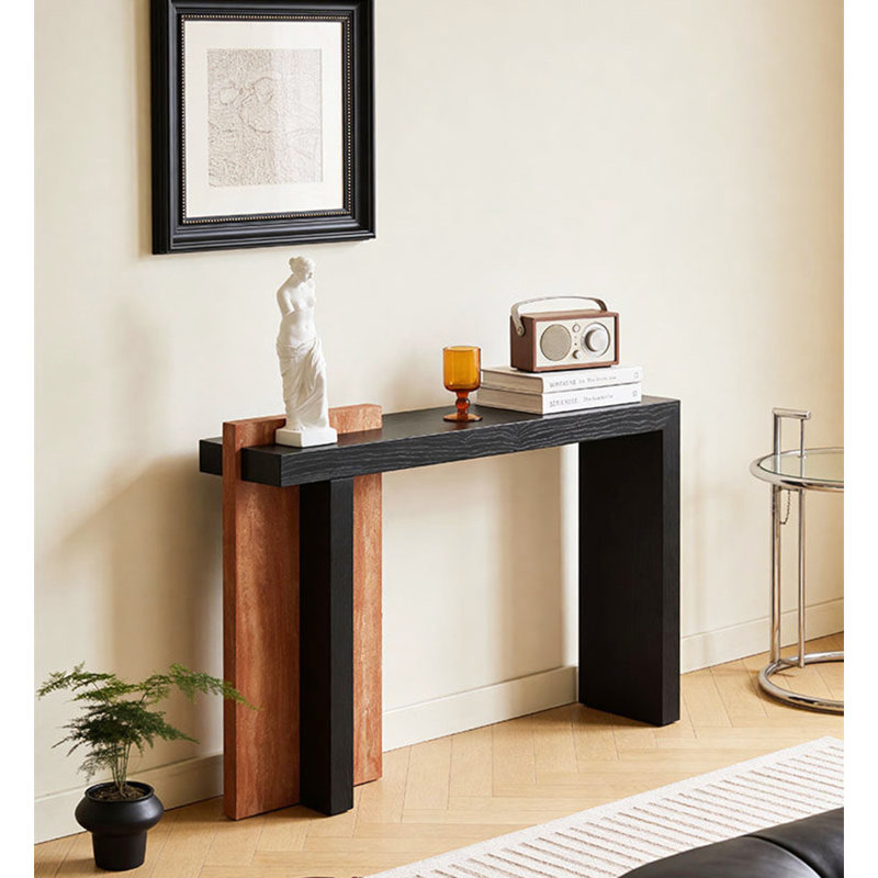 Console en bois massif Contemporary, H 33,5 po x l 55,1 po x P 13,8 po, Noir / brun, Noir, Brun