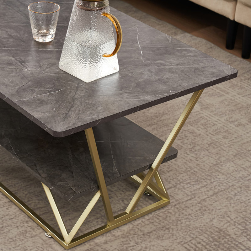 Table basse en faux marbre à 2 niveaux avec structure ouverte et structure géométrique, Gris