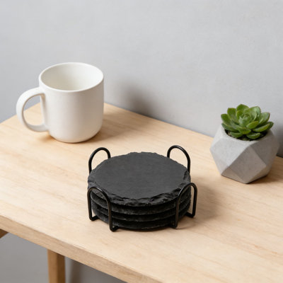 Ensemble de sous-verres en ardoise naturelle avec support, sous-verres ronds gravés au laser de 4 pouces avec base antidérapante pour le bureau, le bar, la cuisine et la décoration de table