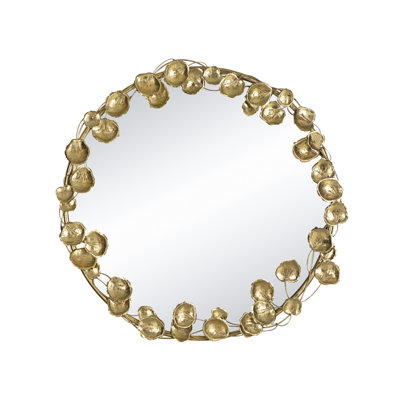 35" Round Modern Decorative Mirror With Golden Leaf Accents, Living Room, Entryway, Hallway, Strong Iron & 35.2X2.8X35.2 Inches Metal Enhancements, Room Addition, And