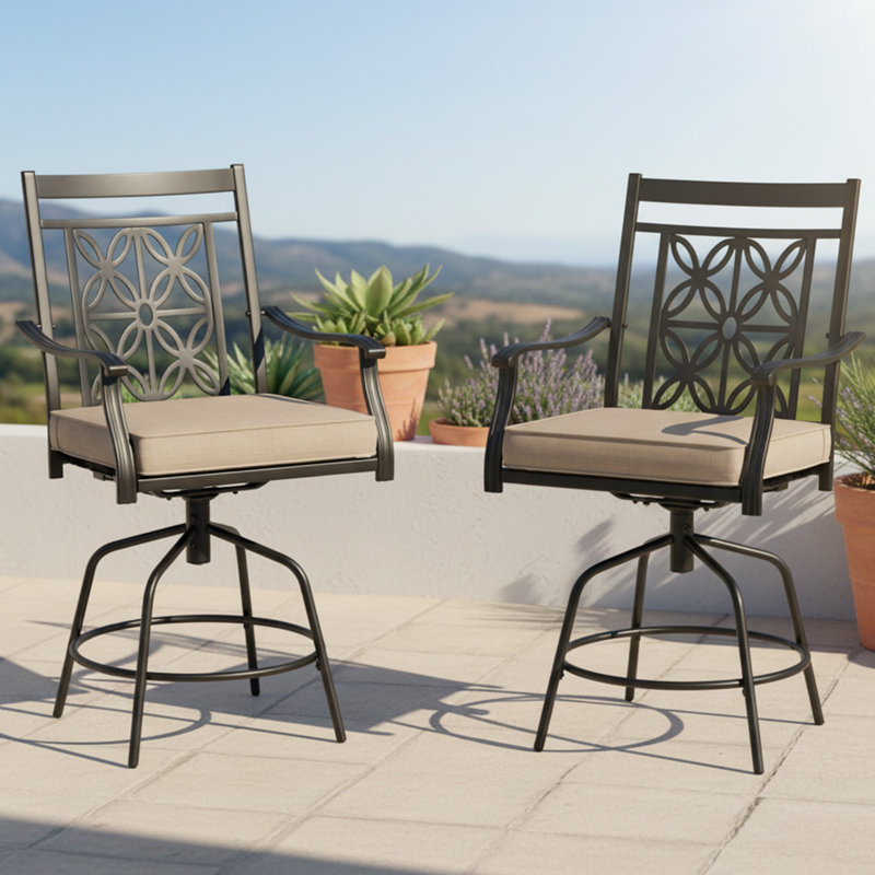 Ensemble de 2 tabourets de bar pivotants pour patio, chaises de bar à hauteur de comptoir d'extérieur avec coussins de siège, dossier haut et accoudoirs robustes, structure en métal robuste