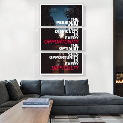 «Pessimist Sees Difficulty Optimist Possity Motivational», ensemble de 3 reproductions d'art texturé sur toile tendue