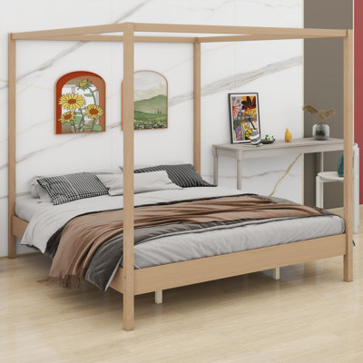 Cadre de lit à baldaquin Classic, lit plateforme en bois avec système de support à lattes intégré