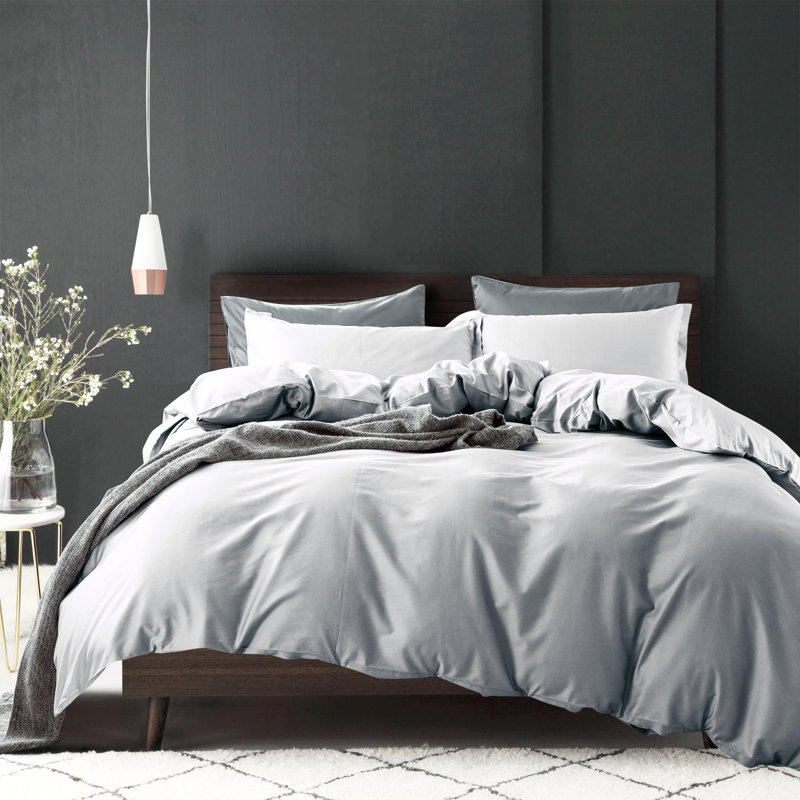 400TC Long Staple Cotton Sateen Weave Duvet Cover Set, Twin Duvet Cover + Queen Sham, Gray