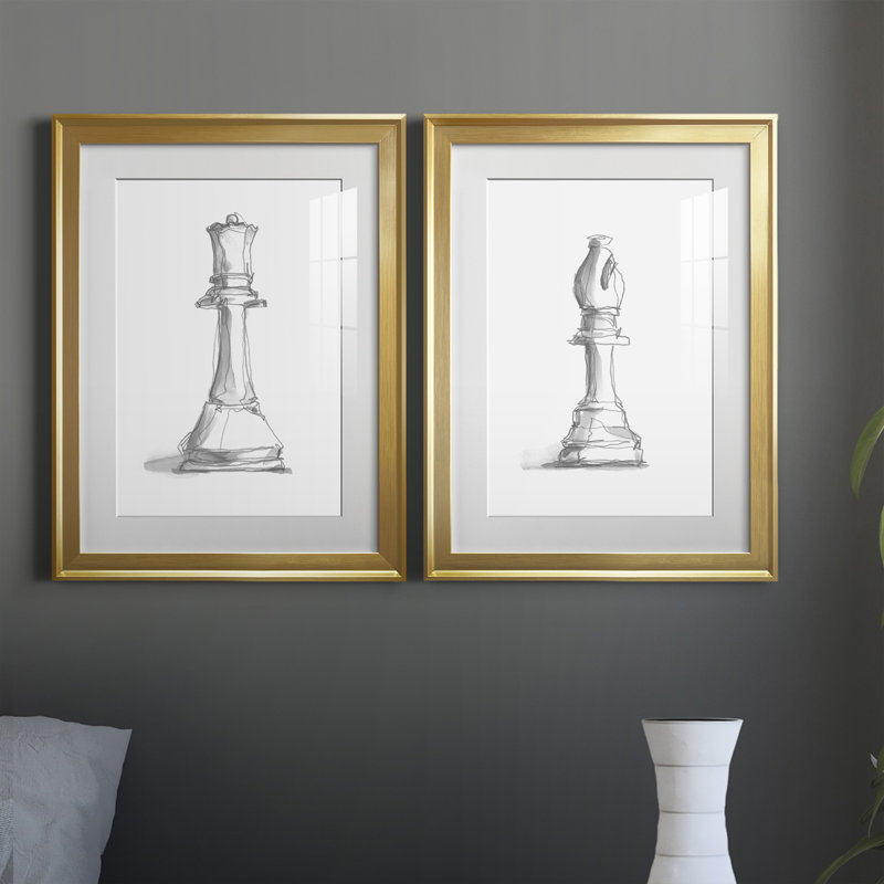 Chess Room Study III, reproduction encadrée de qualité supérieure - prête à être accrochée, Cadre doré