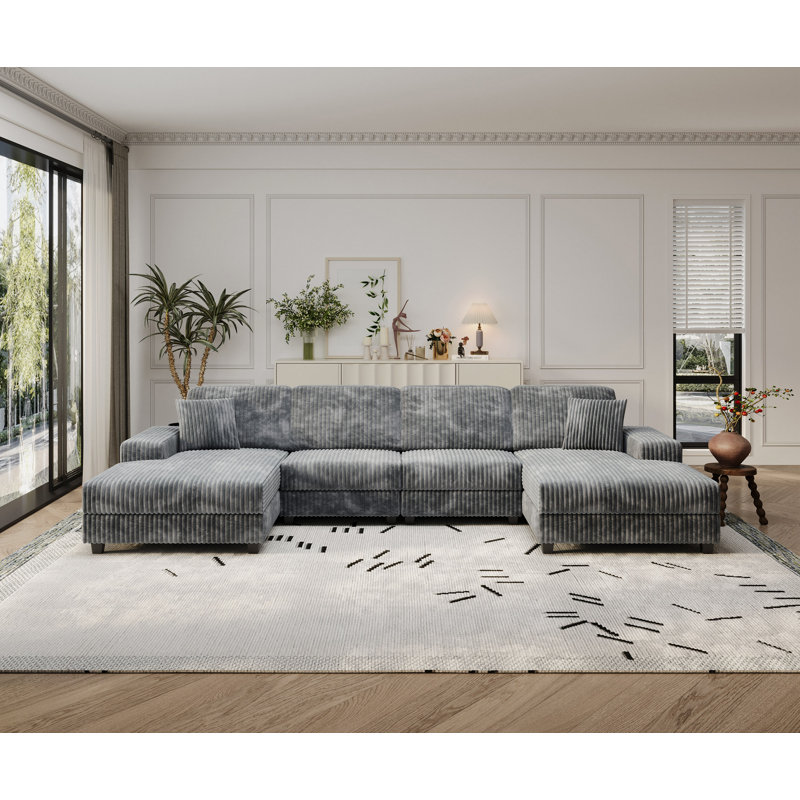 Canapé convertible combiné en forme de U, tissu velours côtelé, canapé moderne confortable de grande taille à 4 places, fauteuil double salon