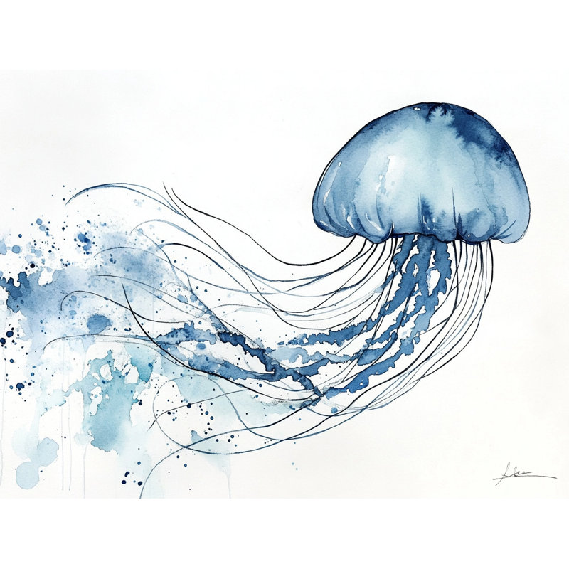 Jelly Drift - aquarelle, méduse, art mural côtier, H 36 po x l 48 po