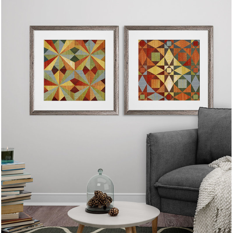 'Kaleidoscope Quilt' 2 Piece Framed Print Set, Brown Framed