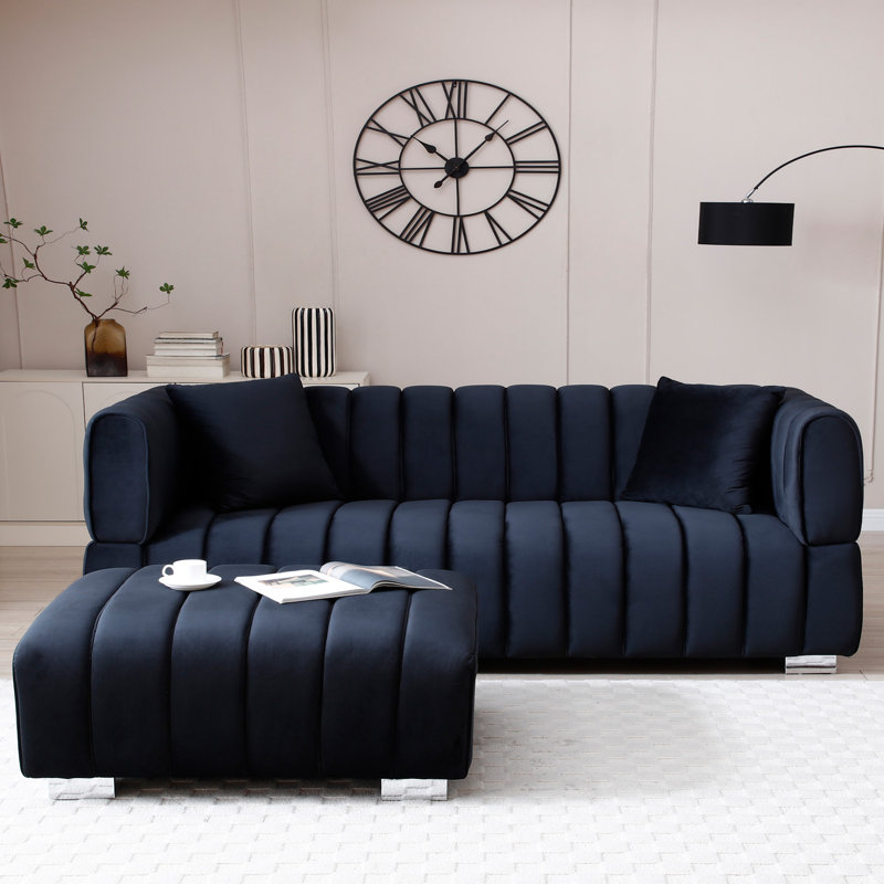 Canapé en velours avec repose-pieds Luna, Noir, noir, noir, noir