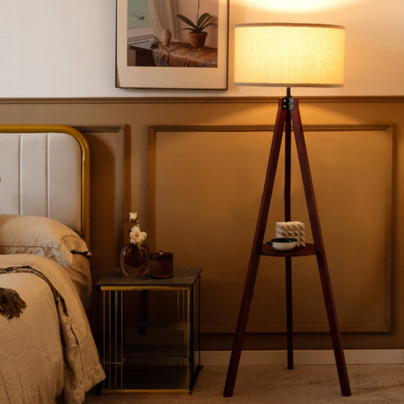 Brown Rubber Wood Tripod Floor Lamp with Linen Shade and Shelf
