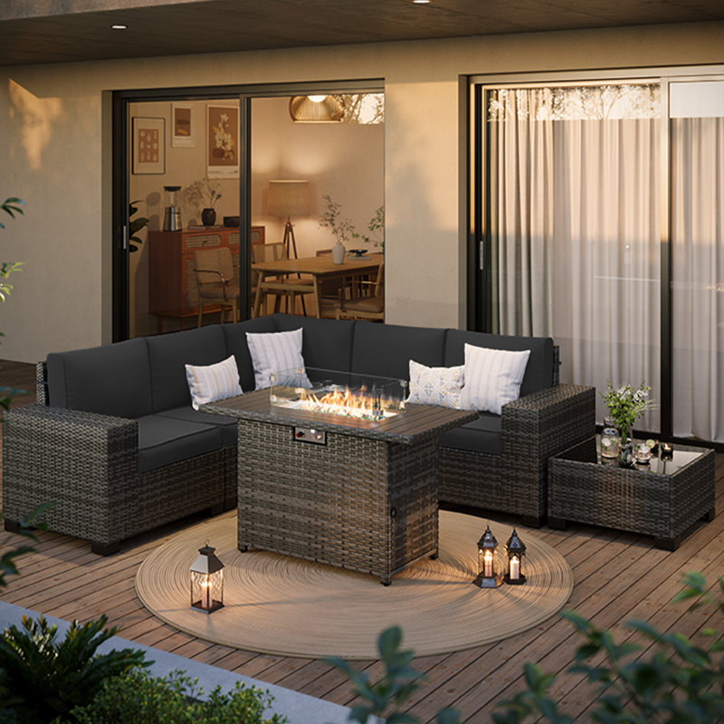 Ensemble de conversation modulaire en rotin 6 pièces avec accoudoirs larges et foyer extérieur 6 pièces, Gris