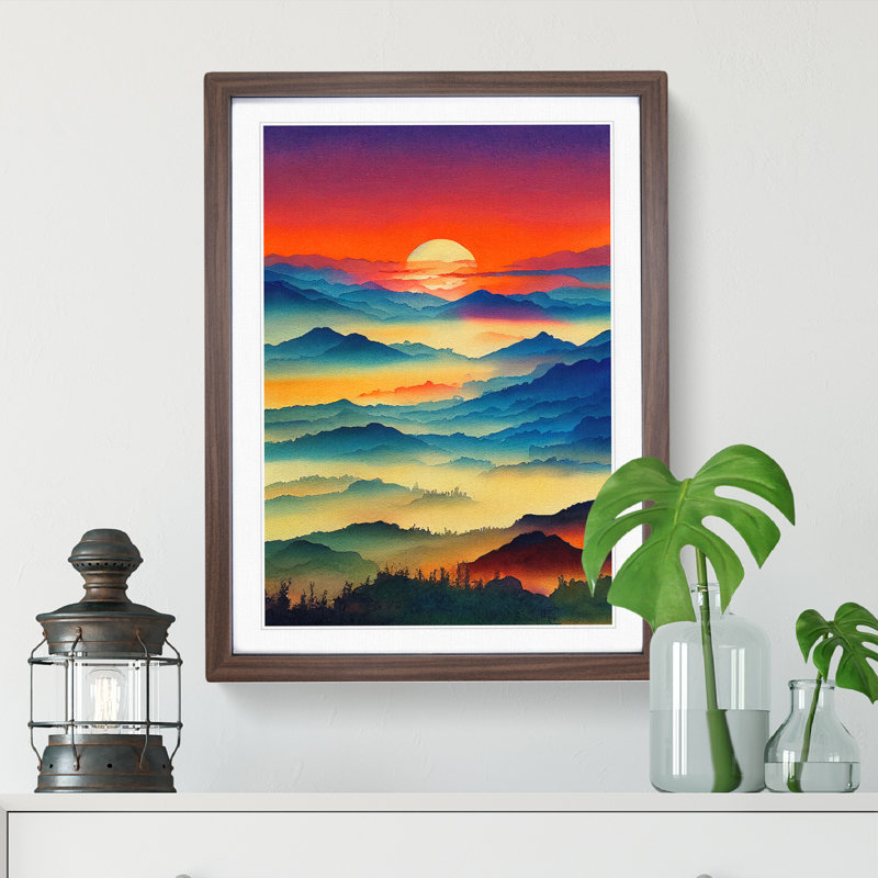 XV1022-4312X Sunset Mountain No.2 - Single Picture Frame Print, 64cm H x 46cm W, Walnut Framed