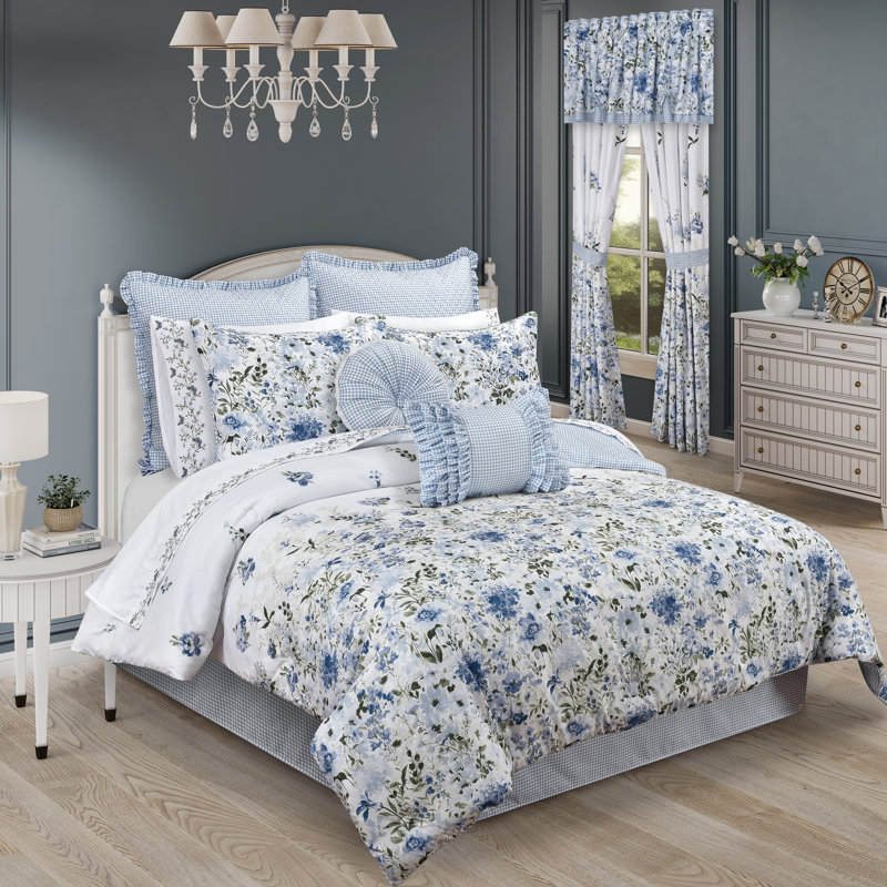 Kourtney Blue Floral Queen Comforter Set with Gingham Accents