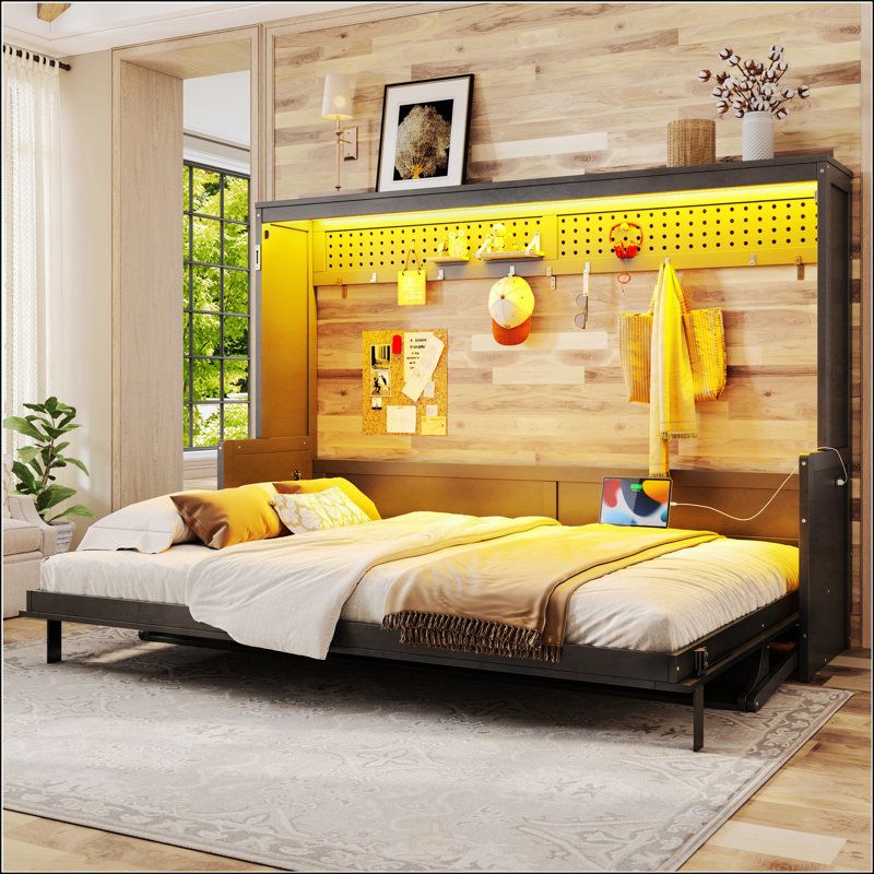 Grand lit escamotable avec bureau intégré, charge USB, lumières DEL pour des solutions modernes peu encombrantes, Grand lit