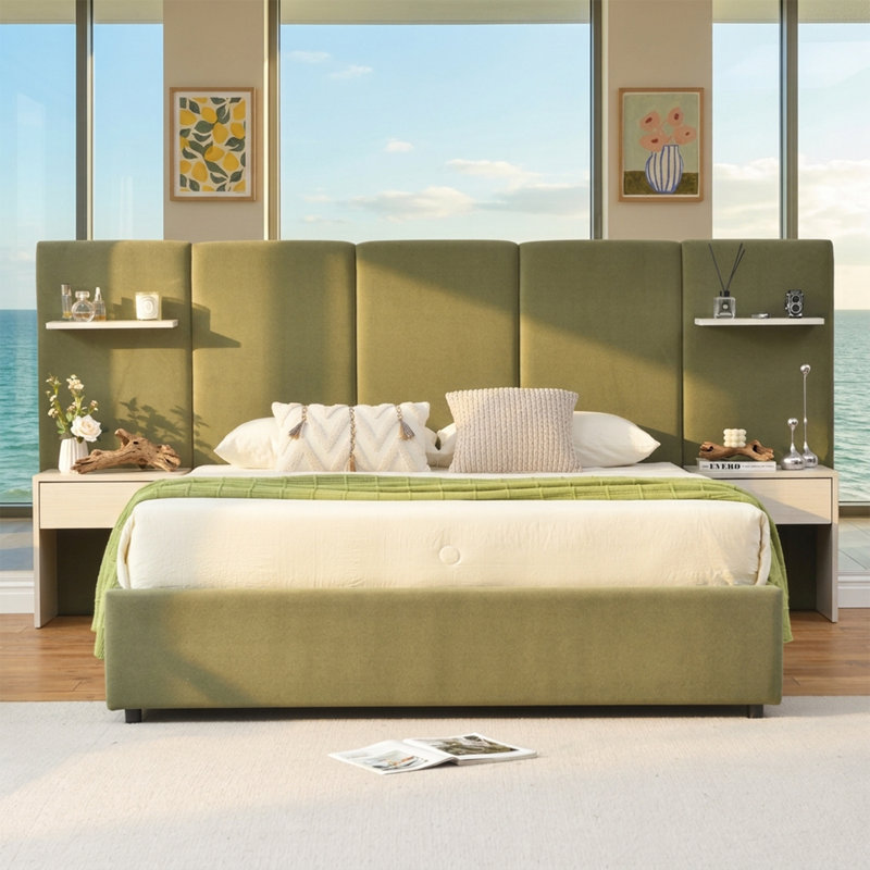 Lit plateforme haut tapissier avec tables de chevet, tiroirs et tablettes flottantes, grand, velours vert, Vert, Grand lit