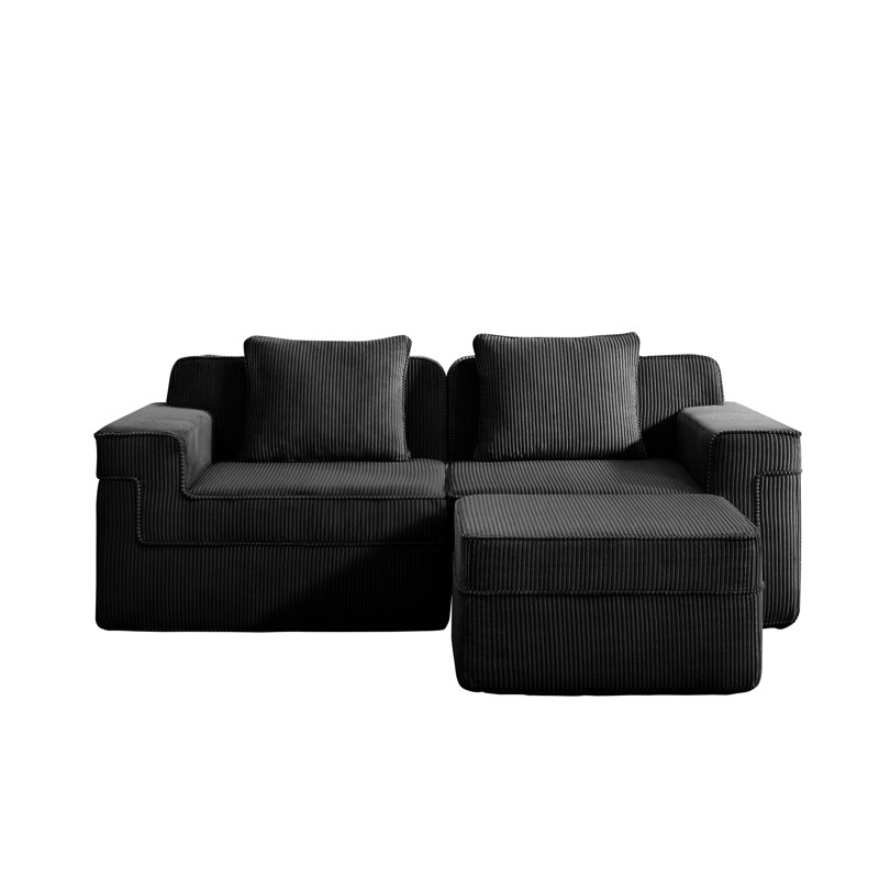 Canapé modulaire à compression en L à 2 places avec coussins décoratifs et 1 repose-pieds mobile, Noir