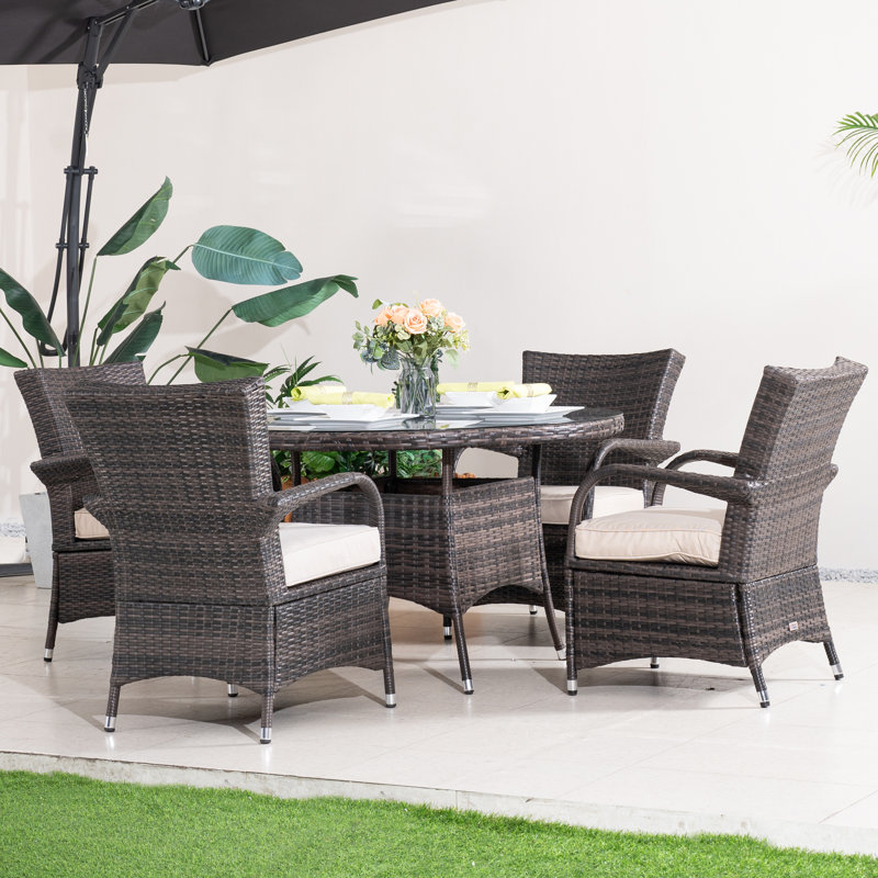 Ensemble repas pour 4 personnes en osier avec table ronde, coussins inclus, Brun