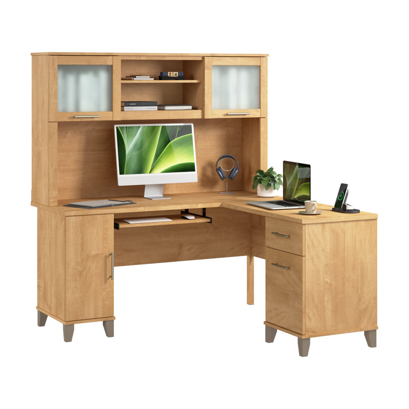 Bureau en L 60 po avec huche et rangement Paelynn, bureau d'ordinateur d'angle, bois moderne, croix érable, Croix d'érable