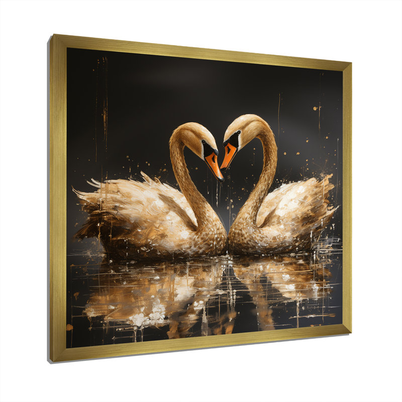 Golden Swans Wandering Pond 2 - Art mural animaux cygnes, Or, H 30 po x l 30 po