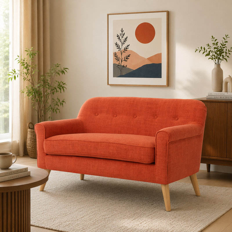 Decato Mid-Century Modern Tufted Loveseat Sofa with Birch Wood Legs, Gray Fabric, 31.25" H x 49.75" W x 29.5" D