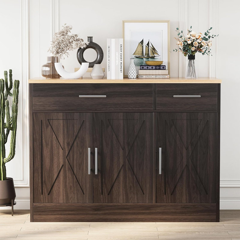 Modern Farmhouse Sideboard Buffet Cabinet With Storage With 3 Doors, Black/Natural