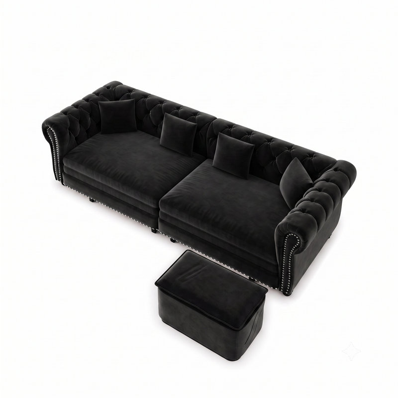Canapé-lit gigogne convertible 3-en-1 de 89 po avec repose-pieds mobile et capitonnage, Noir