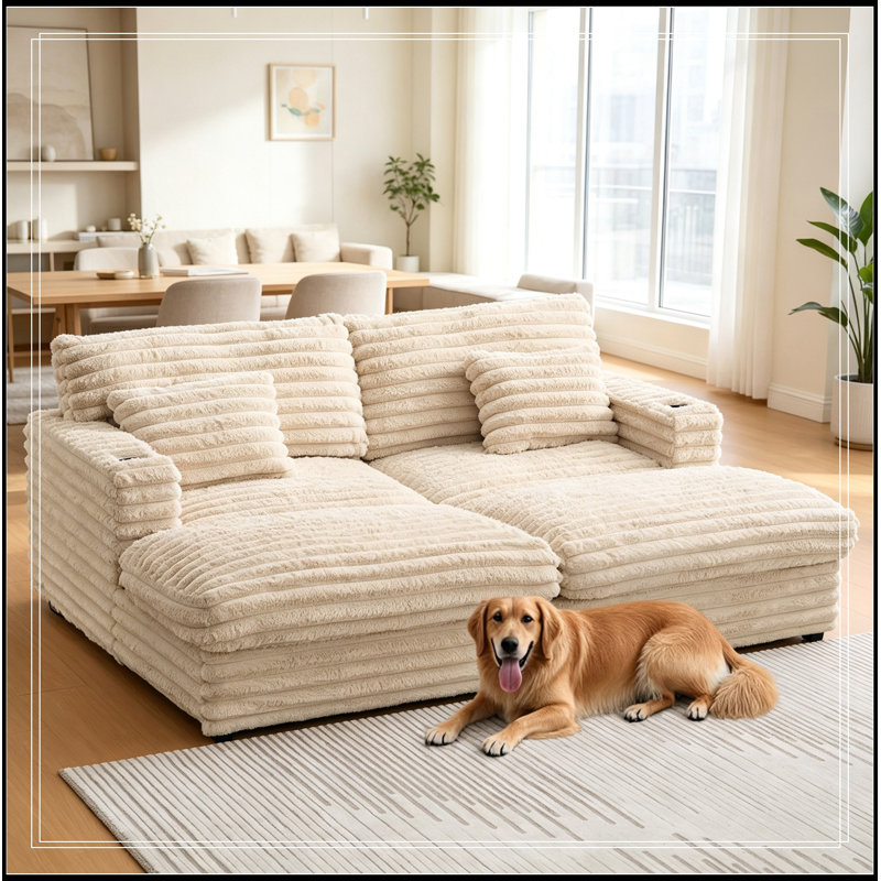 Double chaise longue avec deux coussins de soutien, ports USB et porte-gobelets, Champagne