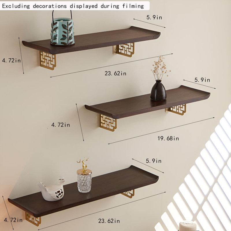 Tablette flottante en bois massif de style chinois | Console classique avec support, H 4,72 po x l 23,62 po x P 5,9 po