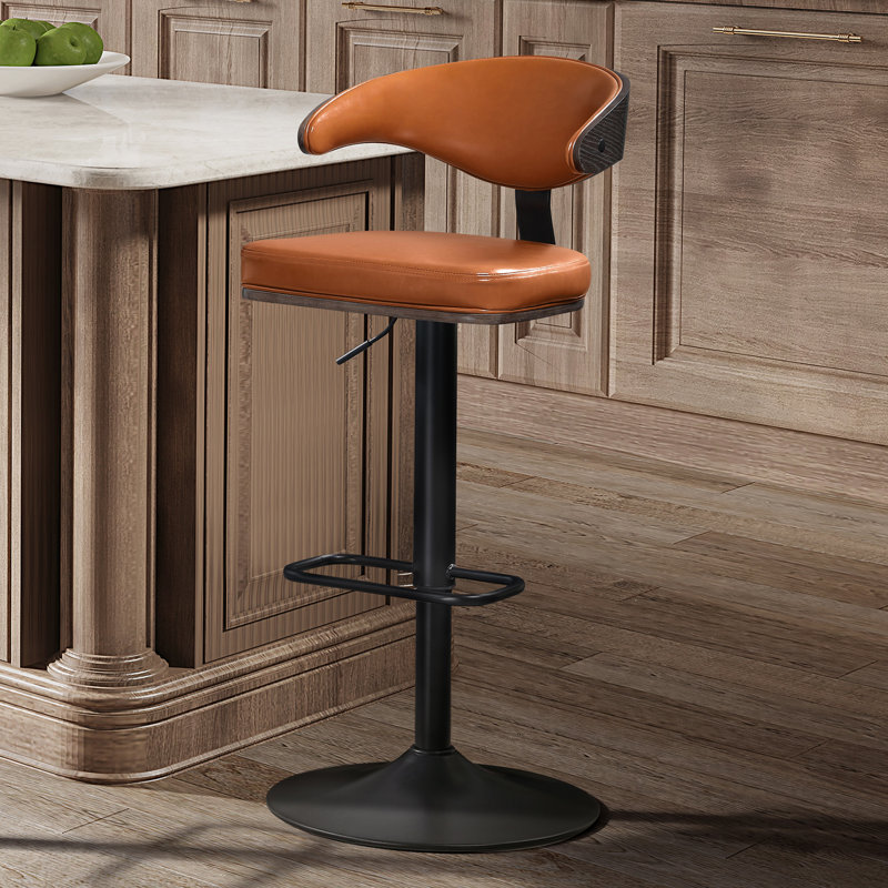 Swivel Faux Leather Upholstered Barstool with Adjustable Height, Brown