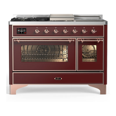 Cuisinière à carburant double de 48 pouces avec 5 brûleurs scellés, plaque chauffante et comptoir en bourgogne de Majestic III Series (propane liquide, garniture en cuivre)