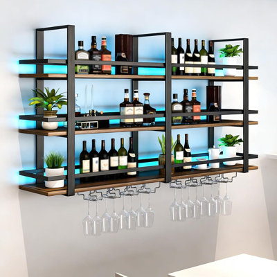 Wine Rack Wall Mounted with LED Lights, 3 Tier Metal Liquor Floating Display Shelves, with Wine Glass Rack, Iron & Wood Industrial Wall Wine Rack, for Bar, Kitchen, Cafe (Black, 47.2in)