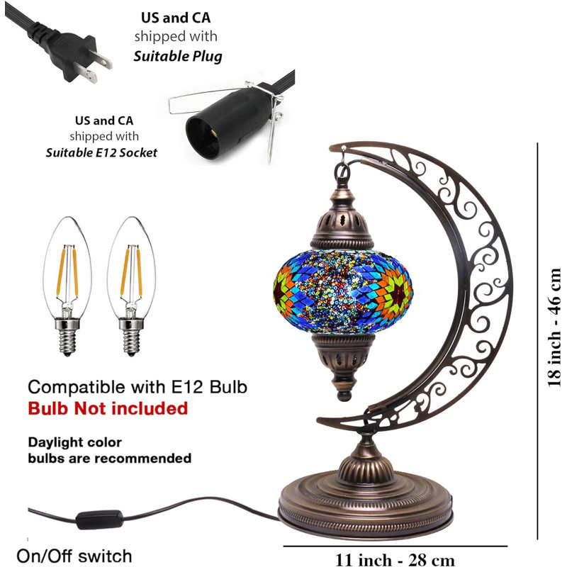 Turkish Mosaic Moon Lamp, Handcrafted Moroccan Table And Floor Lamp, Decorative Home Lighting With Stained Glass And Metal Accents, E12 Socket And On/Off Switch